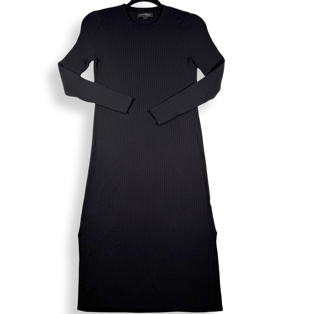 Banana Republic Black Ribbed Long Sleeve Midi Sweater Dress Women's XS Fall